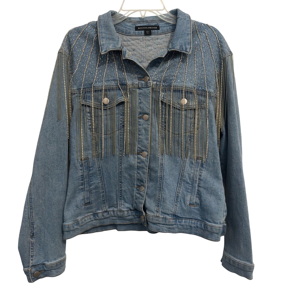 Boston Proper Denim Jacket Rhinestone Chain Fringe Light Wash Size L Western